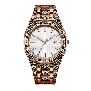 Detailed view of bronze-toned embossed floral carvings on the watch band and bezel