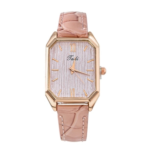 Women's square rose gold quartz watch with pink leather strap and Roman numerals