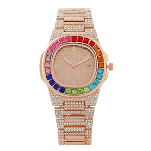 Luxury rose gold quartz watch with rainbow gemstone bezel and full diamond pavé detailing