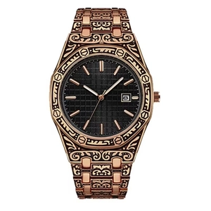 Luxury rose gold carved steel watch for men with black textured dial and date display