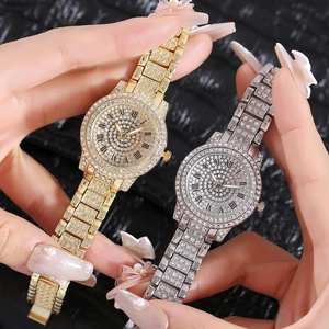 Luxury rhinestone quartz watches with Roman numerals in gold and silver finishes
