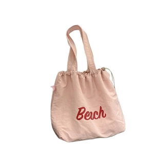 Pink nylon Beach letter print tote bag with drawstring closure and large capacity