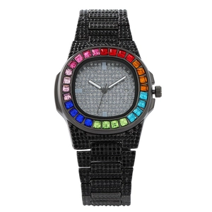 Luxurious black stainless steel iced-out watch with rainbow gemstone bezel and date window