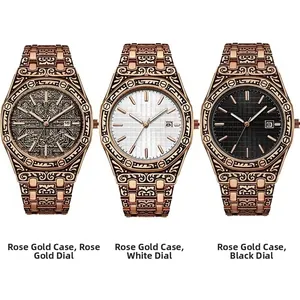 Macro detail of rose gold men's watches with intricate floral engravings and date window