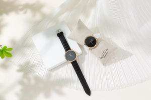 Detail view of starry sky dial quartz watches with black and white silicone straps