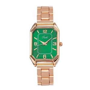 Women's rose gold square quartz watch with emerald green dial and link bracelet