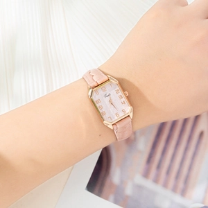 Elegante reloj de cuarzo para mujer con correa de cuero rosa y esfera rectangular oro rosa