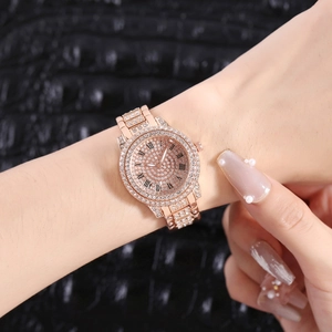 Women's rose gold luxury quartz watch with full crystal pavé strap and Roman numeral dial