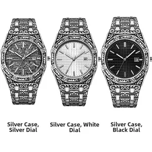 Detailed view of three vintage engraved watches with octagonal bezels and date display