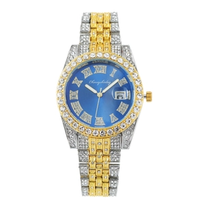 Men's luxury business quartz watch with blue sunray dial and iced-out diamond steel band