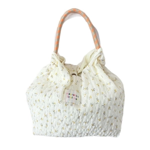 Floral chiffon shoulder bag with pleated texture and woven orange handles for women