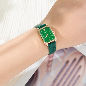 Elegant green square quartz watch for women with rose gold case and green leather strap