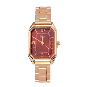 Elegant ladies quartz watch with red rectangular dial and rose gold metal link strap