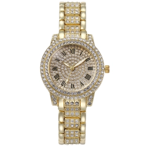 Luxurious gold-tone quartz watch for women with full crystal inlay and Roman numerals