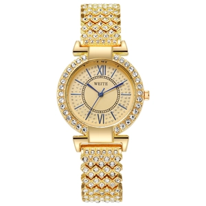 Reloj de lujo dorado para mujer con correa de cristales y esfera de números romanos