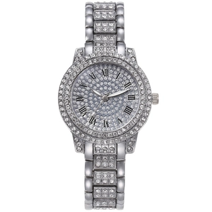 Luxury silver-tone quartz watch with full crystal rhinestones and Roman numeral dial