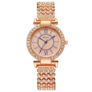 Montre pour femme en or rose avec strass brillants et chiffres romains bleus Weite