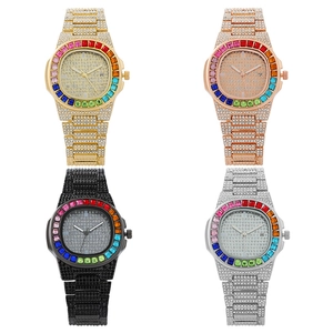 Luxury quartz watch for women with full crystal pave and colorful rainbow diamond bezel