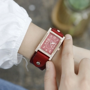Chic rose gold rectangular watch with diamond-set H-case and red leather strap