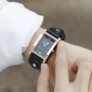 Elegant rectangle quartz watch for women with black leather band and crystal bezel