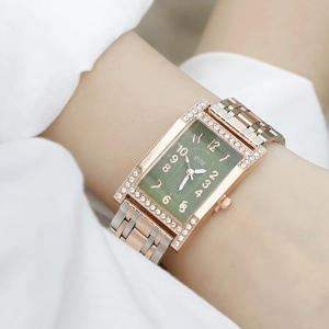 Elegant rose gold square watch with emerald green dial and diamond bezel for women