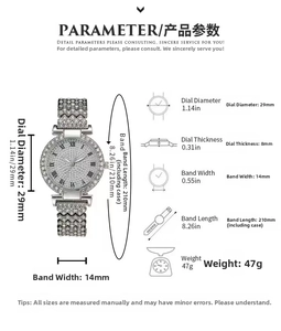 Tableau des tailles pour montre en acier avec strass et cadran à chiffres romains