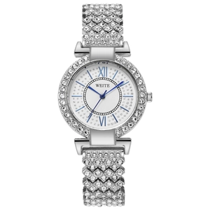 Montre À Quartz Élégante Pour Femmes Bracelet En Alliage Avec Strass Chiffres Romains Aiguilles Bleues Bijou De Mode