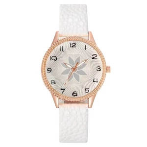 Women Quartz Watch Fashion Casual Faux Leather Strap Floral Pattern Dial Rhinestone Bezel Rose Gold Case Elegant