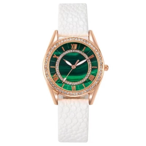 Women's rose gold watch with marble green dial, diamond bezel and white leather strap