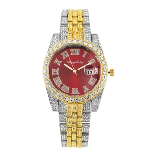 Detail of red dial business watch with roman numerals and calendar window on steel band
