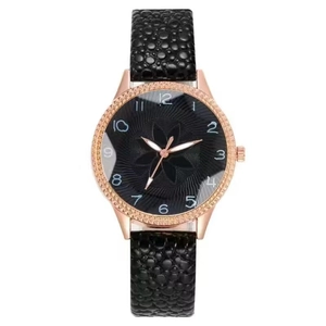 Women's casual fashion quartz watch with rose gold diamond bezel and black leather strap