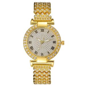 Montre À Quartz Pour Femme Strass Étincelants Bracelet En Alliage Luxe Mode Analogique Avec Chiffres Romains