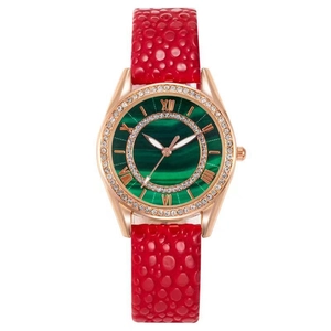 Fashion women's watch with rose gold diamond bezel, green marble dial and red leather strap