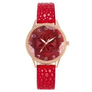 Elegant rose gold women watch with red floral dial and textured ostrich pattern leather strap