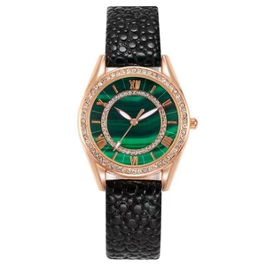 Fashion Women Quartz Watch Malachite Green Dial Rhinestone Bezel Roman Numerals Faux Leather Strap