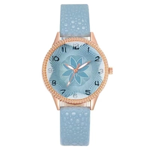 Chic women's watch with light blue floral dial and rose gold case on pebble leather strap