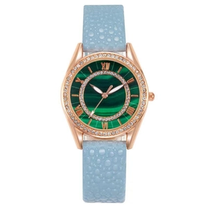 Elegant ladies quartz watch with emerald marble dial and blue leather strap
