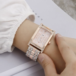 Elegant rose gold and silver square quartz watch with diamond bezel for women