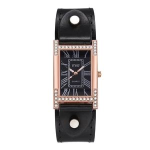 Vintage women's quartz watch with rectangle rhinestone case and leather strap