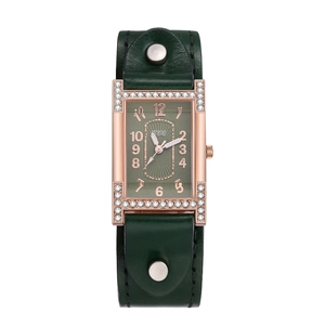 Vintage square rose gold watch with emerald green leather strap and silver studs