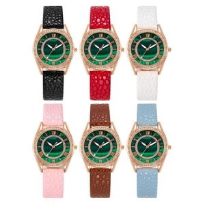 Detailed grid of six women's quartz watches with rhinestone bezels and leather straps