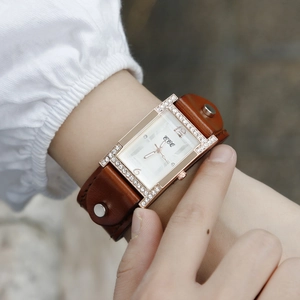 Women's rose gold square quartz watch with brown leather strap and diamond accents