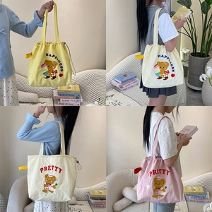 Cartoon Bear Embroidery Tote Bag Canvas Nylon Large Capacity Drawstring Shoulder Bag Casual Commute Students Women