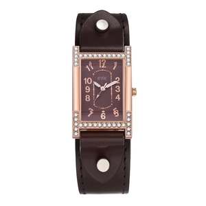 Vintage rectangular women's watch with rose gold diamond case and dark brown leather strap