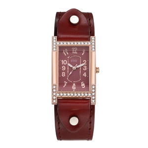 Retro square ladies watch with diamond-set rose gold case and red-brown leather rivet strap