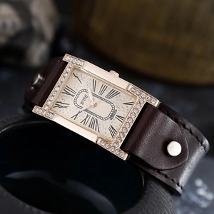 Women's vintage square watch with rose gold diamond case and wide brown leather strap
