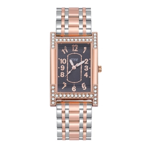Elegant rectangular quartz watch with crystal bezel and two-tone rose gold metal strap