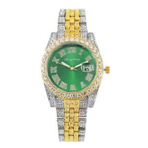 Luxury Men Quartz Watch Rhinestone Inlaid Alloy Case Stainless Steel Band Roman Numerals Calendar Business Wristwatch