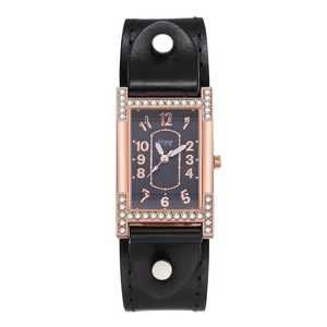 Retro Women Quartz Watch Rectangular Alloy Case Rhinestone Bezel Leather Strap Rivet Fashion Ladies Analog Wristwatch