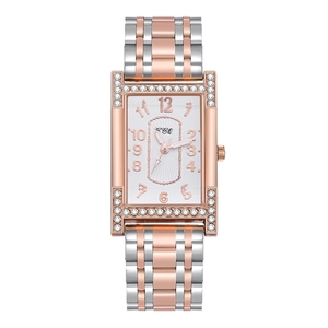 Women's quartz watch with rectangular diamond case and two-tone stainless steel strap